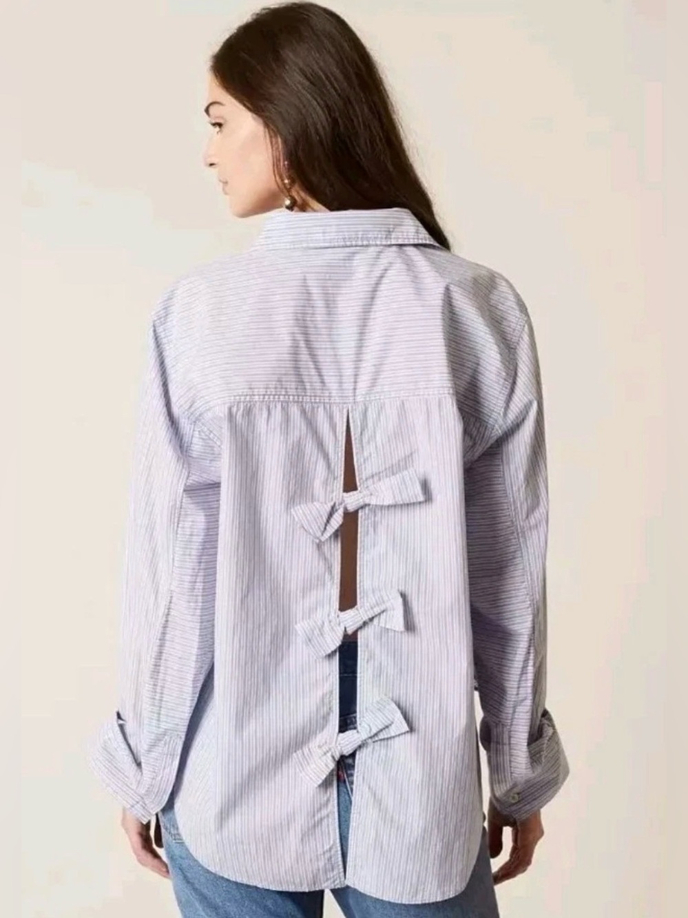 Free People Tie It In A Bow Oversized Striped Button Down Shirt Size S Coastal